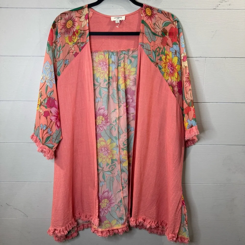 Umgee Coral Floral Kimono Duster Fringe Trim Boho Cardigan Size Small / Medium - Picture 13 of 13